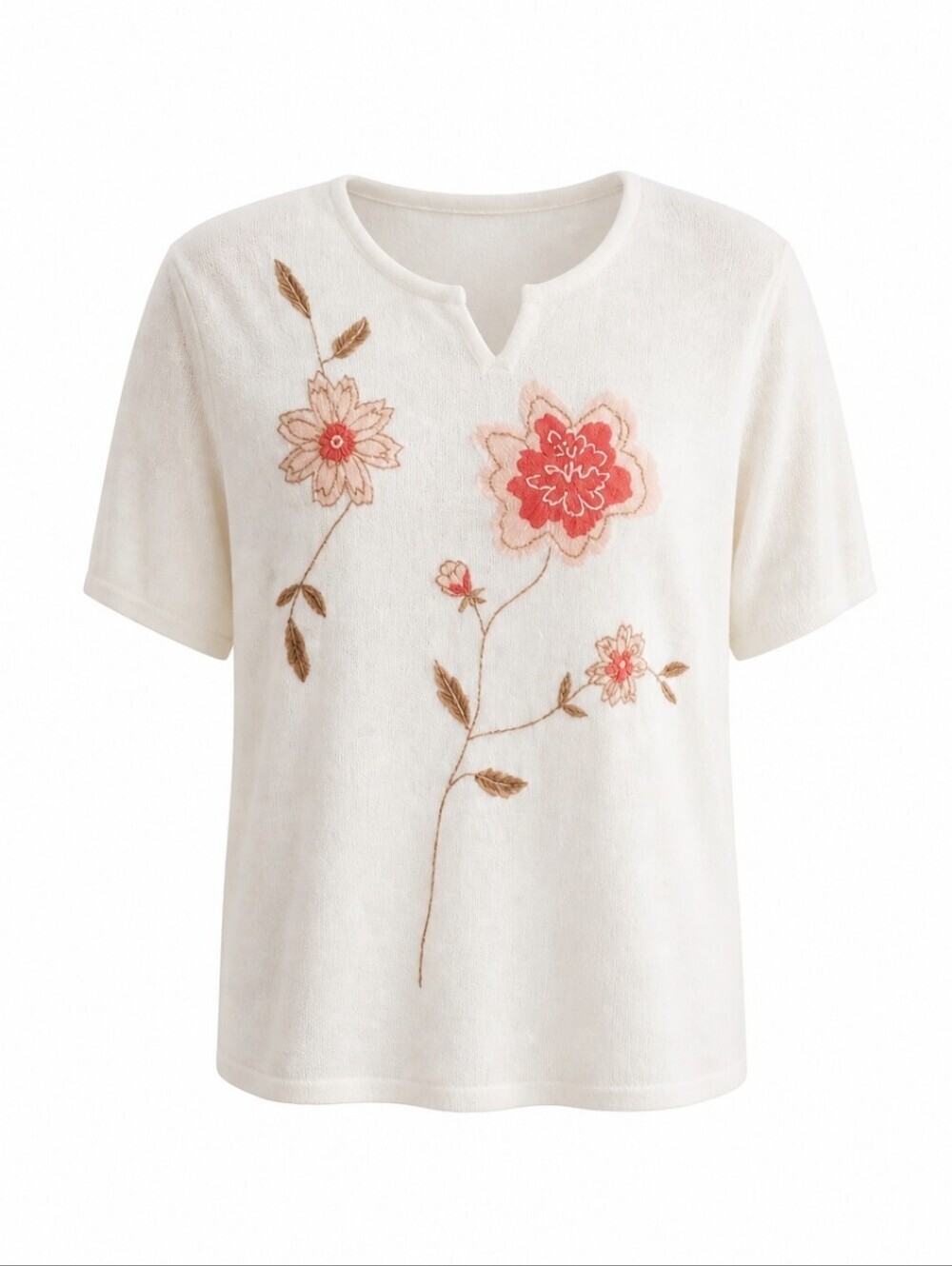 Tanjay Ivory White Short Sleeve Embroidered Sweater Women Size Large NWOT